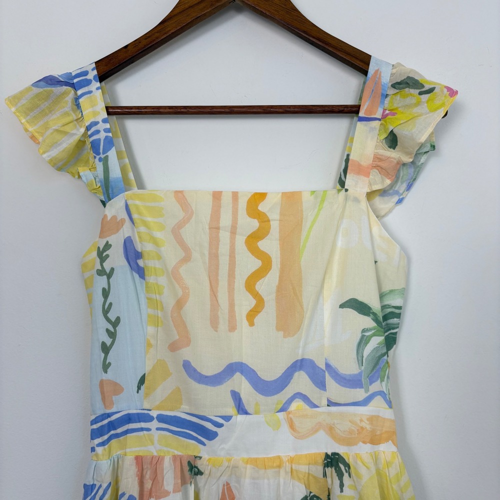 Prosperina Nicola Multi Print Midi Dress Women M Ruffle Coastal Summer NWT - Picture 13 of 13